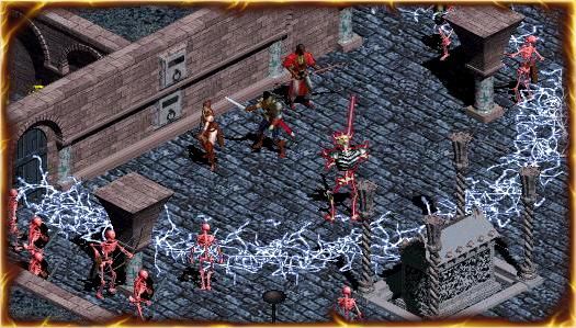Diablo Screenshot (Official website 2000): A trio of adventurers face off against the Skeleton King and his minions