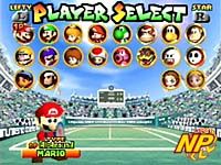 Mario Tennis Screenshot (Official Game Page - Nintendo.com): Swingin' Stars Mario Tennis for Nintendo 64 features 16 of Mushroom Kingdom's biggest stars, plus four custom characters accessible by importing them from the Game Boy Color version.