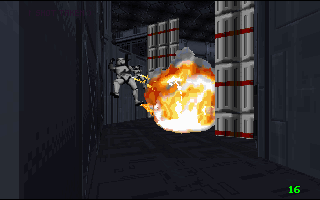 Star Wars: Dark Forces Screenshot (Slide show preview, 1994-09-29): A proximity mine explodes, hurling stormtroopers in all directions