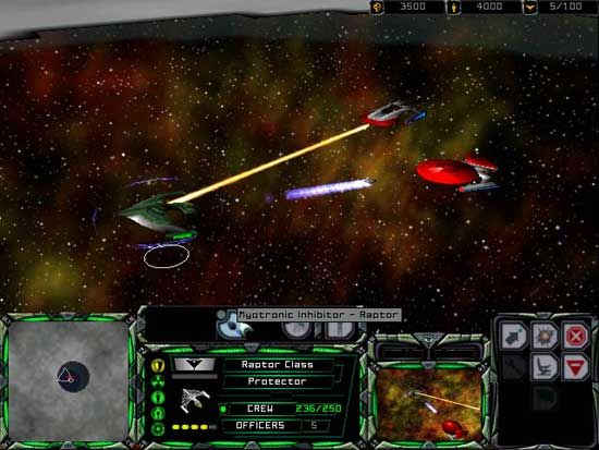 Star Trek: Armada Screenshot (Romulan promotional screenshots): Raptor firing a Myotronic Inhibitor to a Nebula class