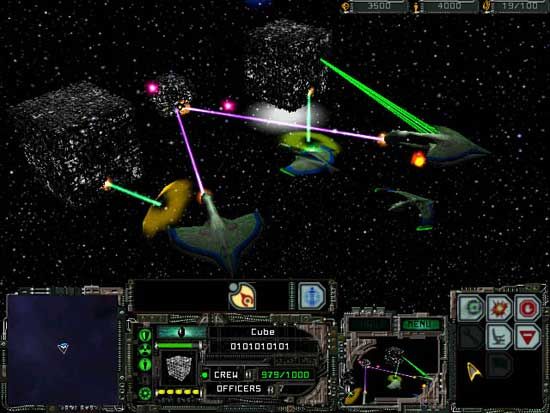 Star Trek: Armada Screenshot (Official Website Borg promotional screenshots - 18 February 2000): Cube using a Holding Beam on a Warbird