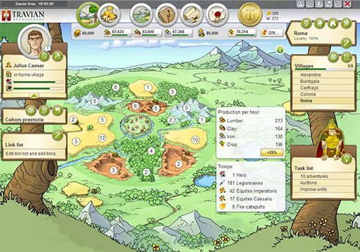 Travian Screenshot (Screenshots): Village overview: Lumber, clay, iron and crop are the vital resources which will fuel the economy of your village and feed your people; they will provide you with the materials necessary for construction and war. With these valuable resources, you can train a powerful conquering army.