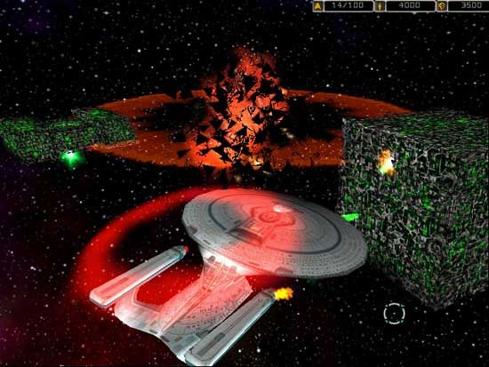 Star Trek: Armada Screenshot (Assorted material): Borg Sphere is destroyed by the Galaxy Class Ship. 31 January 2000