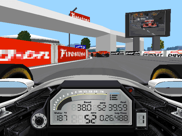IndyCar Racing II Screenshot (Sierra Entertainment website, 1996): Don't get distracted! The graphics look great, but keep your eye on the road. You can check out the video screen on the replay.