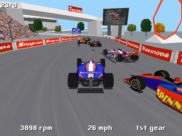 IndyCar Racing II Screenshot (Sierra Entertainment website, 1996): This is one of the two arcade views that provide you with an "outside-rear" perspective of your IndyCar ® while you're racing, instead of the standard view from behind the wheel.