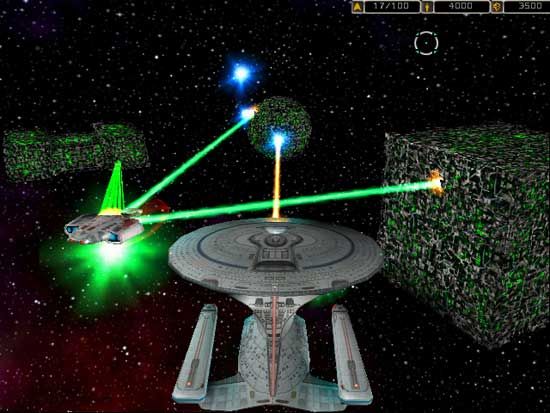Star Trek: Armada Screenshot (Assorted material): A Federation Galaxy Class ship takes on the Borg. 31 January 2000; The Galaxy class was shown three times due to fan demand, despite being a campaign-only ship.
