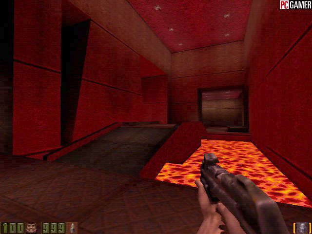 Quake II Screenshot (PC Gamer preview gallery, October 1997): Bridge Over Troubled Lava. Uploaded on 9/9/97