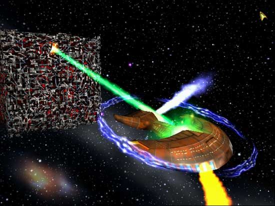 Star Trek: Armada Screenshot (Assorted material): A Borg cube decimates a Ferengi Marauder. 9 February 2000