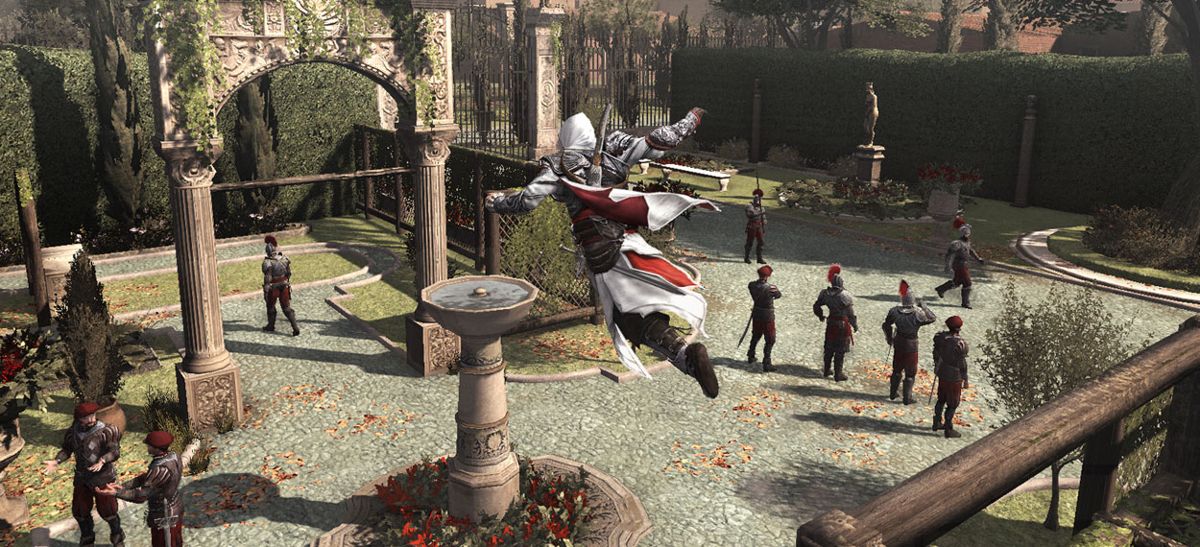 Assassin's Creed: Brotherhood Screenshot (ubisoft.com, official website of Ubisoft): Jumping to a fountain