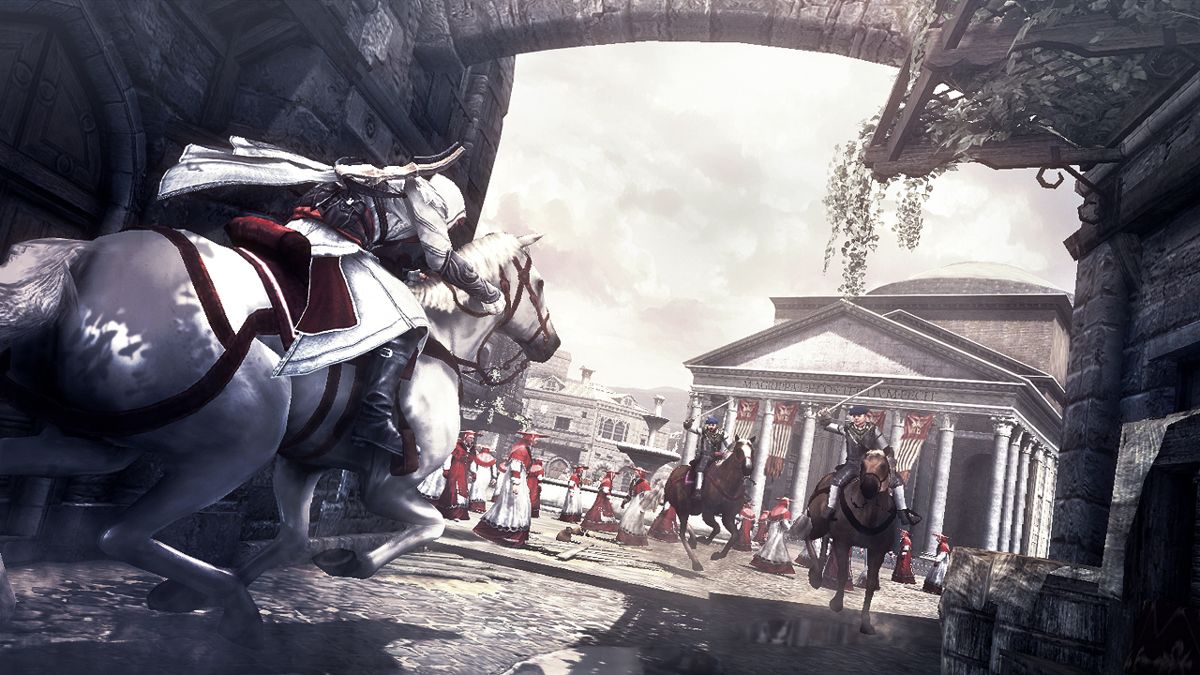 Assassin's Creed: Brotherhood Screenshot (ubisoft.com, official website of Ubisoft): Driving a horse through the streets of Rome