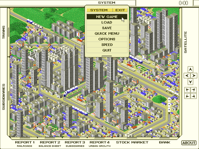 A-Train Screenshot (Slide show demo, 1993-05-11): A-Train is a simulation game based on trains, cities and money. Six different scenarios/maps can be explored and developed in a number of ways.