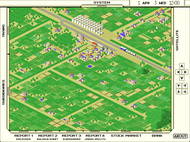 A-Train Screenshot (Slide show demo, 1993-05-11): Start with open space and a small bank loan to build your railroad. Your goal is to create a profitable commerce based on your privately held railroad.