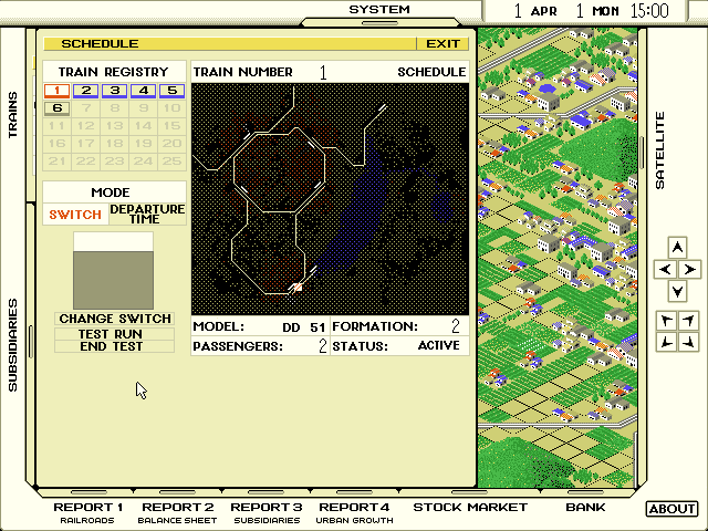 A-Train Screenshot (Slide show demo, 1993-05-11): Your first challenge is to design and manage an efficient and profitable transportation system for both passengers and freight.
