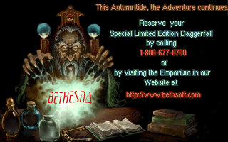 The Elder Scrolls: Chapter II - Daggerfall Screenshot (Pre-release demo version, 1995-11-09): Splash screen shown upon exit from the demo. Artwork by Mark Jones. The same image was shown at Bethesda's website.