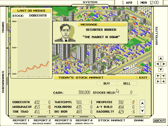 A-Train Screenshot (Slide show demo, 1993-05-11): Borrow from the bank or play the Stock Market. You can buy and sell up to 24 different OTC stocks. But be careful...if the stocks crash, so do you.