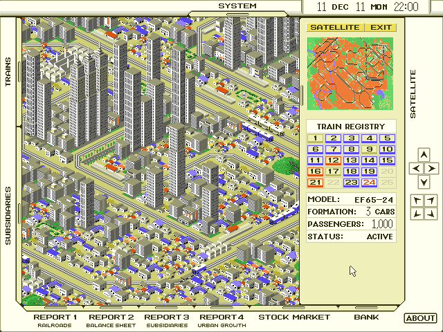 A-Train Screenshot (Slide show demo, 1993-05-11): As your holdings grow, other buildings and businesses will grow around you. Build a financial empire!