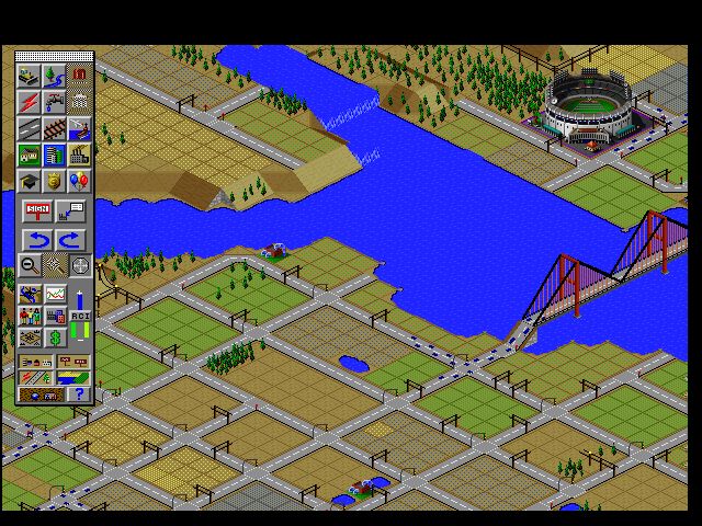SimCity 2000 Screenshot (Slide show demo, 1993-10-13): Start out by laying down residential, industrial and commercial zones and hook them up to one of the nine power plants. Then, build roads, tunnels, bridges and rail lines to move your SIMs around town. Top it off with some brand new civic improvements like prisons, zoos, universities and marinas.