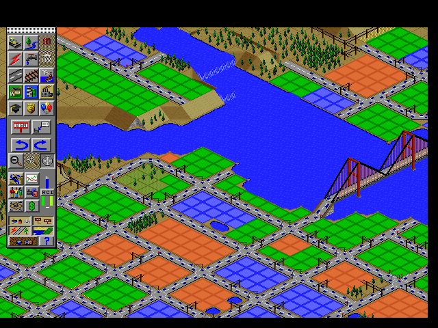SimCity 2000 Screenshot (Slide show demo, 1993-10-13): If you decide to perform some urban renewal, the multi-layer interface allows you to turn graphic layers on and off, allowing for easier planning and construction.