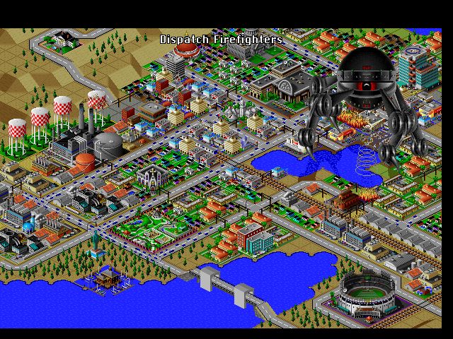 SimCity 2000 Screenshot (Slide show demo, 1993-10-13): Deal with familiar city problems as well as a few new surprises.