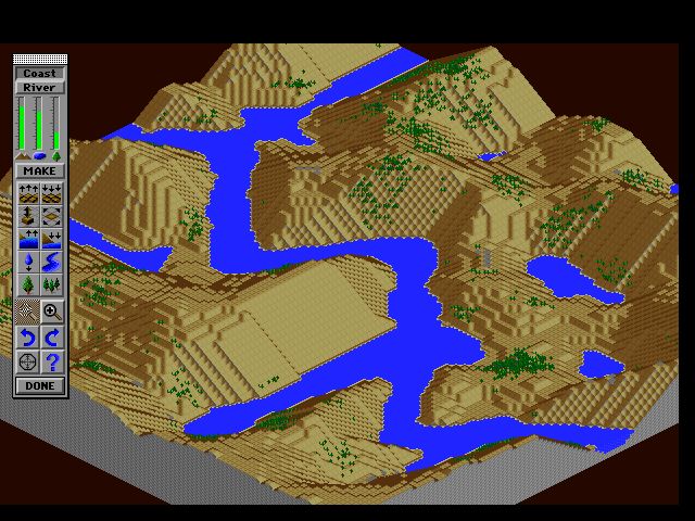 SimCity 2000 Screenshot (Slide show demo, 1993-10-13): With complete control over the terrain, you can totally customize your city's landscape from flat prairie land to mountain vistas. Add lush forests, make a mountain out of a molehill and run a waterfall down it.