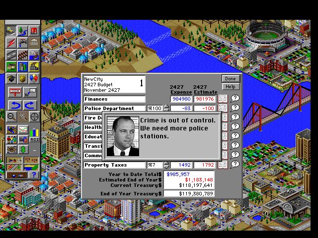 SimCity 2000 Screenshot (Slide show demo, 1993-10-13): Juggle your city budgets to fund those important social programs and finance some of your departments by issuing municipal bonds. If you need some advice, you can always ask one of your trusted advisors.