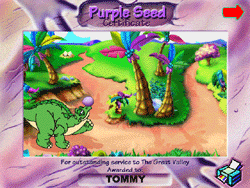 The Land Before Time: Prehistoric Adventures Screenshot (Publisher Cosmi's product page): Spike's Scenic Journey - "Purple Seed Certificate" An award given to player 'Tommy' "For outstanding service to The Great Valley" - printable.