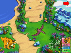 The Land Before Time: Prehistoric Adventures Screenshot (Publisher Cosmi's product page): The dino character Cera is exploring - a pteranodon flies past - maybe Petrie?