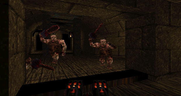 Quake Mission Pack No. 2: Dissolution of Eternity Screenshot (Rogue Entertainment website, 1997): The Ogre's take some Lava Nails.
