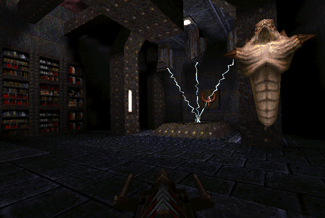 Quake Mission Pack No. 2: Dissolution of Eternity Screenshot (Rogue Entertainment website, 1997): A lightning trap in the Wizard's Tower.