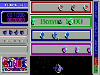 Invasion of the Mutant Space Bats of Doom Screenshot (Official website, 1996): Hit the balls, but only when they are on top of their color! Otherwise you earn no points or bonus for them. This is harder than it looks, especially when the balls bounce, swirl, and/or zig-zag!