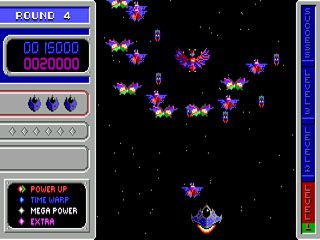 Invasion of the Mutant Space Bats of Doom Screenshot (Official website, 1996): These bats swirl around their leader and swoop down in wide arcs. Dodge and shoot them as they swoop and swirl, and then look out for the leader who will attack you herself!