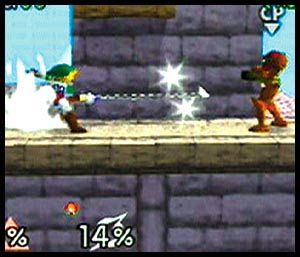 Super Smash Bros. Screenshot (SmashBrothers.com): HOOKSHOT Link's famous Hookshot latches on to opponents and brings them close so Link can toss them over the edge.
