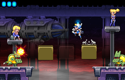 Mighty Switch Force! Screenshot (Micro.WayForward.com - Official Game Site): Switch 'Em Up! Using the her switching abilities, Patricia is able to get closer to catching the Hooligan sisters.