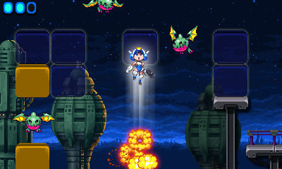 Mighty Switch Force! Screenshot (Micro.WayForward.com - Official Game Site): Up, up, and away! Patricia Wagon takes to the skies using a special kind of block
