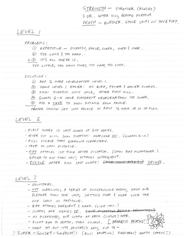 Karateka Concept Art (Jordan Mechner papers (The Strong, National Museum of Play)): Level 1 notes