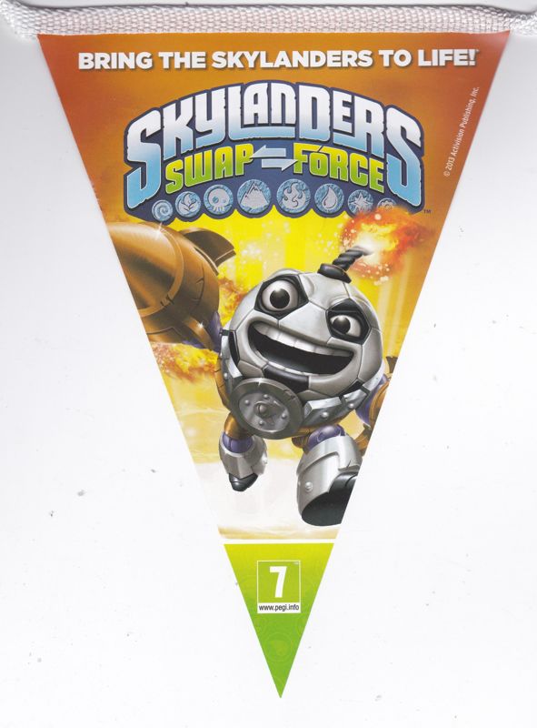 Skylanders: Swap Force Other (In-store promotional material (UK version)): This example contains a single double sided triangular flag measuring approximately 15 cm across the top and 21 cm in length. There are sixteen flags in the string and the overall length is approximately two and a quarter meters (excluding the lengths at each end used to tie the bunting in place).