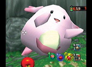 Pokémon Snap Screenshot (Pokémon.com - Official Game Page): Chansey sure appreciates the apples you tossed its way!