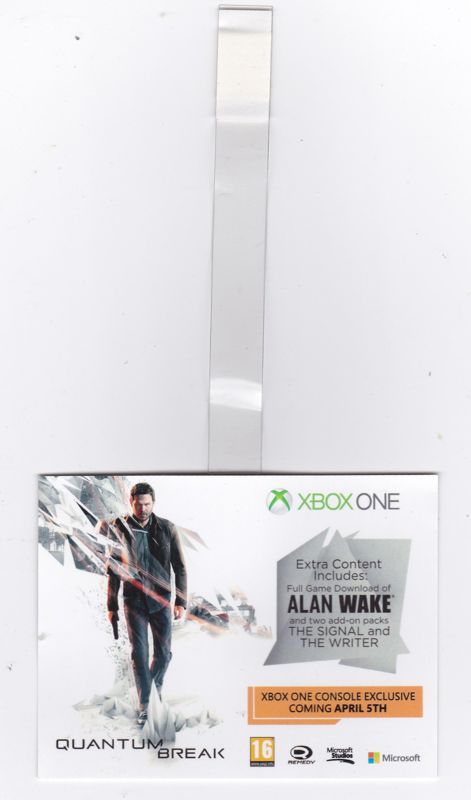 Quantum Break Other (In-store promotional material (UK version)): The card measures 10.5 cm by 8 cm. It has a strip of transparent plastic attached to the back with a double sided adhesive pad on the free end