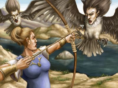 Poseidon: Zeus Official Expansion Concept Art (Zeus: Master of Olympus website, 2001): Atalanta vs Harpies