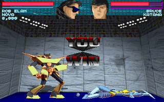 One Must Fall 2097 Screenshot (Epic MegaGames website, 1996): Nova laughs at his unworthy opponent.