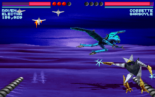 One Must Fall 2097 Screenshot (Epic MegaGames website, 1996): Back in the desert, Electra and Gargoyle fight it out until the end.