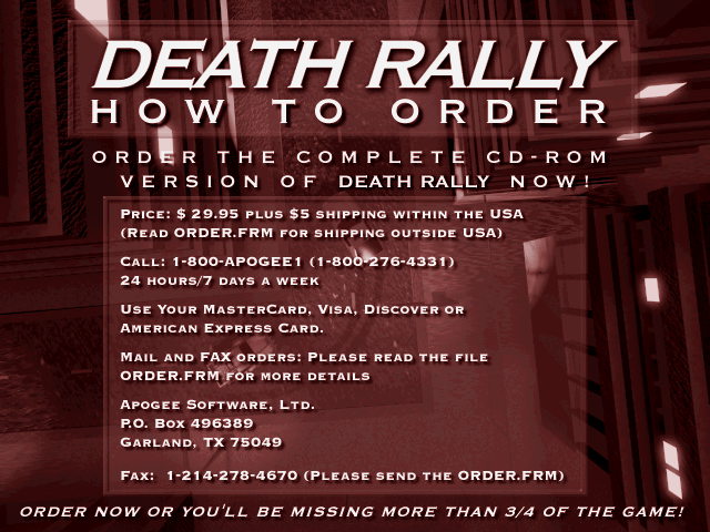 Death Rally Other (Shareware v1.1, 1996-10-01): Game features/ordering information