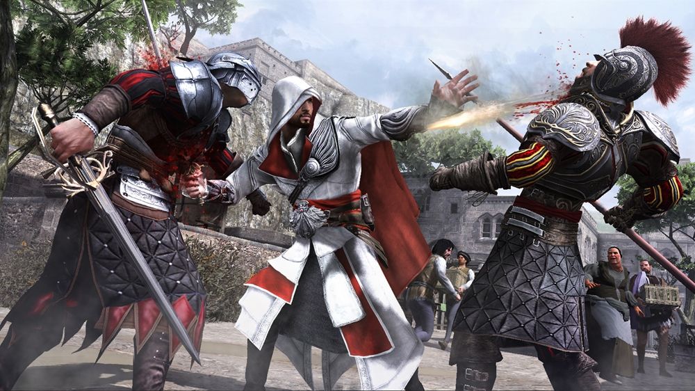 Assassin's Creed: Brotherhood Screenshot (Xbox.com product page): Ezio fighting two guards