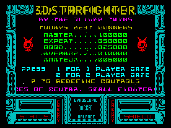 3D Starfighter Screenshot ("Oliver Twins" developing material ): 1988 Codemasters credits For Amstrad ZX Spectrum.