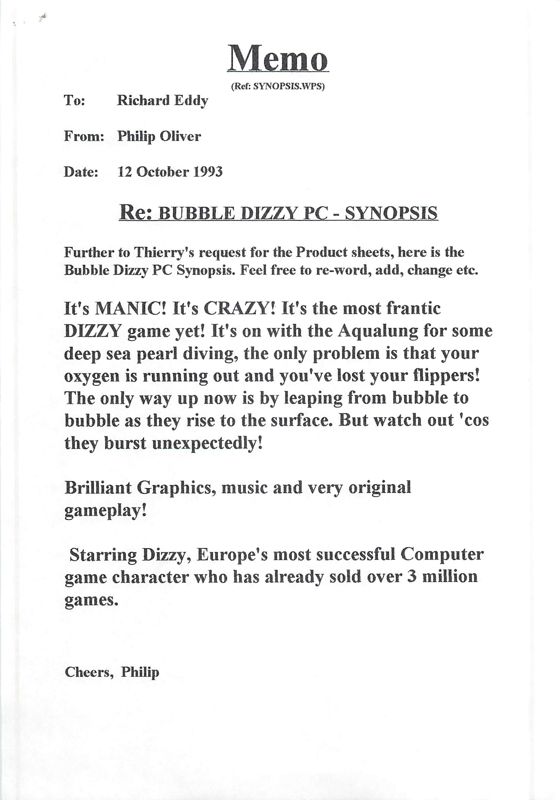 Bubble Dizzy Other ("Oliver Twins" developing material ): Memo: Bubble Dizzy PC Synopsis Correspondence