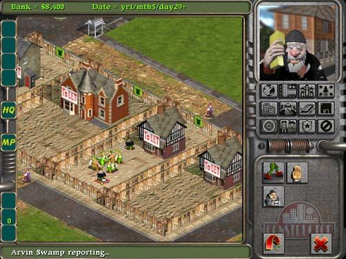 Constructor Screenshot (Acclaim website, 1998): Assign the repairman to a specific block to keep down costs.
