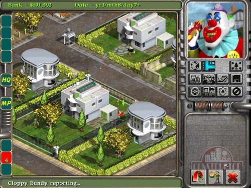 Constructor Screenshot (Acclaim website, 1998): Send your Psycho Clown off to play with matches on your opponent's property!
