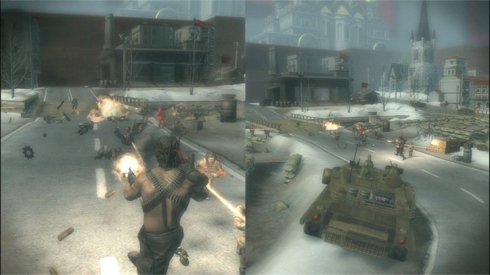 Toy Soldiers: Cold War Screenshot (Xbox.com product page): Using the commando and tank splitscreen