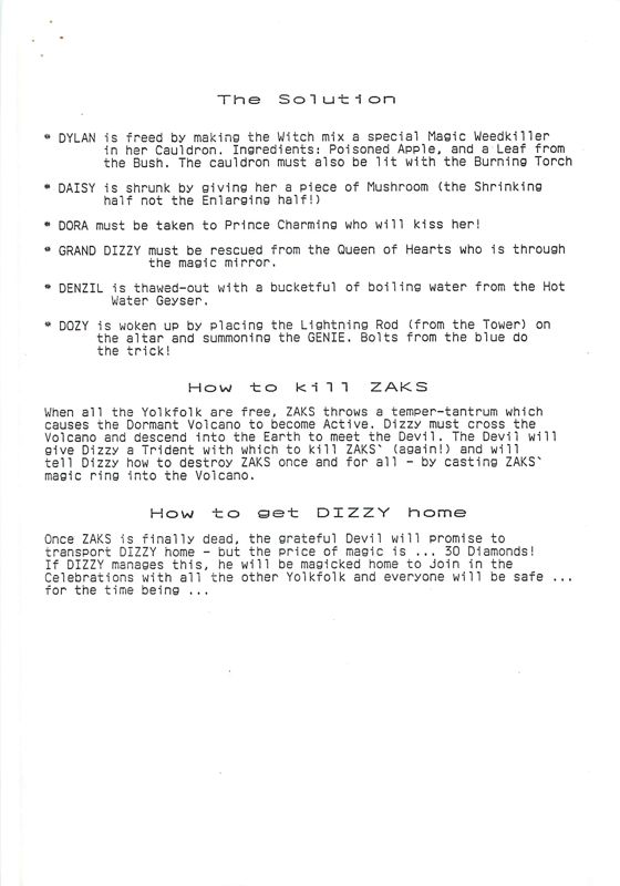 Magicland Dizzy Concept Art ("Oliver Twins" developing material ): Text design notes: The Solution; How to kill Zaks; Hot to get DIZZY home