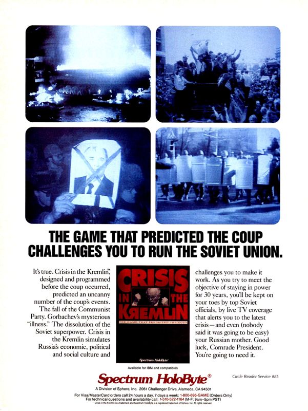 Crisis in the Kremlin Magazine Advertisement (Magazine Advertisements): Computer Gaming World (United States) Issue 89 (December 1991)